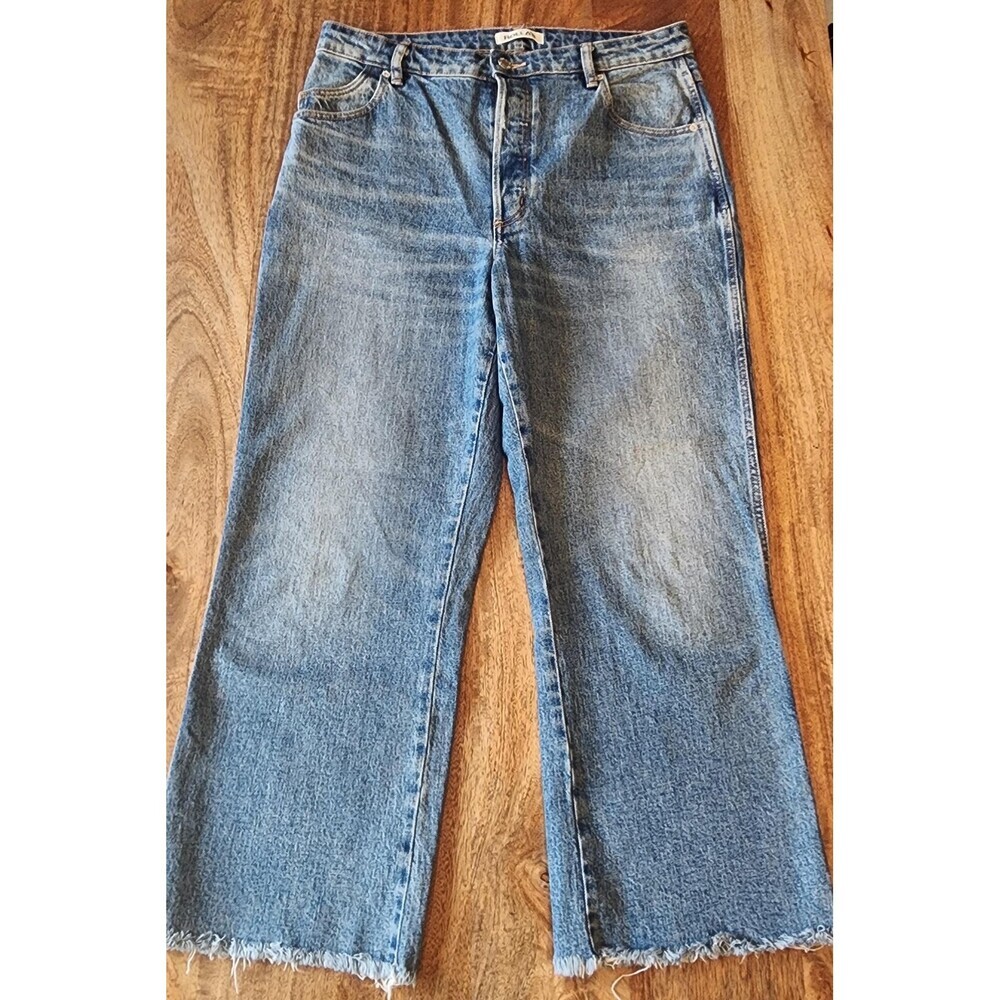 Rolla's Flare Crop Jeans Womens 30 Blue Medium Wash High Rise Raw Hem Denim